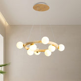 Beige Global Ceiling Lamp: Modern Frosted Glass Pendant Chandelier with Wood Circular Design (8/10 Bulbs) - This beautiful and modern ceiling light is the perfect addition to any space. The beige color and classic style of this lamp will fit in with any home
